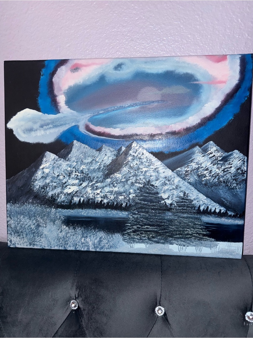 Hand painted canvas white blue mountains aurora sky painting